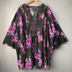 Roamans Top Plus Size 32W Juliet Green Floral Pintuck Crochet Lace Cottagecore